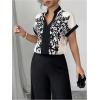 image:imageMakeMeChic Womens Floral Notched Blouse Contrast Binding Short Sleeve Work Dressy TopsMulticolor