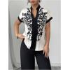 image:imageMakeMeChic Womens Floral Notched Blouse Contrast Binding Short Sleeve Work Dressy TopsMulticolor