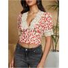 image:imageMakeMeChic Womens Floral Print Crop Tops Lace V Neck Puff Short Sleeve Blouses ShirtsRed