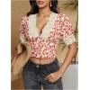 image:imageMakeMeChic Womens Floral Print Crop Tops Lace V Neck Puff Short Sleeve Blouses ShirtsRed