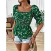 image:imageMakeMeChic Womens Floral Square Neck Tops Puff Sleeve Ruffle Hem Shirred Summer Blouses ShirtsGreen