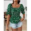 image:imageMakeMeChic Womens Floral Square Neck Tops Puff Sleeve Ruffle Hem Shirred Summer Blouses ShirtsGreen