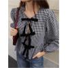 image:imageMakeMeChic Womens Gingham Babydoll Top Plaid Shirt Puff Long Sleeve Ruffle Peplum Bow Tie Front Y2k Fall BlousesBlack and White