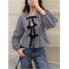 image:imageMakeMeChic Womens Gingham Babydoll Top Plaid Shirt Puff Long Sleeve Ruffle Peplum Bow Tie Front Y2k Fall BlousesBlack and White