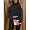 image:imageMakeMeChic Womens Glitter Cold Shoulder Blouse Long Sleeve Mock Neck Mesh Sheer Party TopBlack