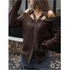 image:imageMakeMeChic Womens Going Out Cold Shoulder Button Down Shirt Cut Out Long Sleeve Blouse TopsCoffee Brown