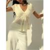image:imageMakeMeChic Womens Lace V Neck Blouse Button Jacquard Ruffle Short Sleeve Summer Shirt TopsApricot