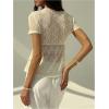 image:imageMakeMeChic Womens Lace V Neck Blouse Button Jacquard Ruffle Short Sleeve Summer Shirt TopsApricot