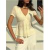 image:imageMakeMeChic Womens Lace V Neck Blouse Button Jacquard Ruffle Short Sleeve Summer Shirt TopsApricot