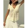 image:imageMakeMeChic Womens Lace V Neck Blouse Button Jacquard Ruffle Short Sleeve Summer Shirt TopsApricot
