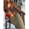 image:imageMakeMeChic Womens Leopard Print Tie Front Blouse Ruffle Long Sleeve Y2k TopsBrown