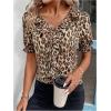 image:imageMakeMeChic Womens Leopard Print V Neck Tops Ruffle Trim Tie Front Short Sleeve BlouseMulticolor