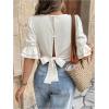 image:imageMakeMeChic Womens Linen Tiered Bell Sleeve Blouse Square Neck Tie Back Going Out Crop TopsApricot