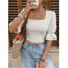 image:imageMakeMeChic Womens Linen Tiered Bell Sleeve Blouse Square Neck Tie Back Going Out Crop TopsApricot