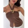image:imageMakeMeChic Womens Metal Decor Halter Crop Tops Tie Back Ruched Split Sleeveless TankCoffee Brown