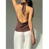 image:imageMakeMeChic Womens Metal Decor Halter Crop Tops Tie Back Ruched Split Sleeveless TankCoffee Brown