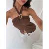image:imageMakeMeChic Womens Metal Decor Halter Crop Tops Tie Back Ruched Split Sleeveless TankCoffee Brown