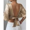 image:imageMakeMeChic Womens Metallic Crew Neck Blouse Open Back Bell Sleeve Party Y2K Crop TopsGold