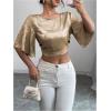 image:imageMakeMeChic Womens Metallic Crew Neck Blouse Open Back Bell Sleeve Party Y2K Crop TopsGold