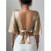 image:imageMakeMeChic Womens Metallic Crew Neck Blouse Open Back Bell Sleeve Party Y2K Crop TopsGold