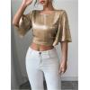 image:imageMakeMeChic Womens Metallic Crew Neck Blouse Open Back Bell Sleeve Party Y2K Crop TopsGold