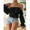 image:imageMakeMeChic Womens Off Shoulder Flounce Sleeve Blouse Frill Trim Flared Hem Crop TopsBlack