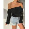 image:imageMakeMeChic Womens Off Shoulder Flounce Sleeve Blouse Frill Trim Flared Hem Crop TopsBlack