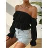 image:imageMakeMeChic Womens Off Shoulder Flounce Sleeve Blouse Frill Trim Flared Hem Crop TopsBlack