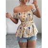 image:imageMakeMeChic Womens Off The Shoulder Blouse Floral Cut Out Ruffle Short Sleeve Summer TopsMulticolor