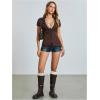 image:imageMakeMeChic Womens Rhinestone V Neck Blouse Short Sleeve Shirred Summer Button Down ShirtCoffee Brown
