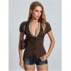 image:imageMakeMeChic Womens Rhinestone V Neck Blouse Short Sleeve Shirred Summer Button Down ShirtCoffee Brown