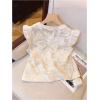 image:imageMakeMeChic Womens Ruffle Cap Sleeve Button Down Shirt Crew Neck Jacquard Dressy Blouse TopsApricot