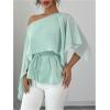 image:imageMakeMeChic Womens Satin Asymmetrical Neck Blouse Silk Cloak Sleeve Belted Dressy TopsGreen