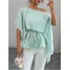 image:imageMakeMeChic Womens Satin Asymmetrical Neck Blouse Silk Cloak Sleeve Belted Dressy TopsGreen