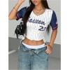 image:imageMakeMeChic Womens Striped Baseball Jersey Button Down Shirt Short Sleeve V Neck Blouse Crop TopWhite Blue Red