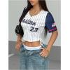 image:imageMakeMeChic Womens Striped Baseball Jersey Button Down Shirt Short Sleeve V Neck Blouse Crop TopWhite Blue Red