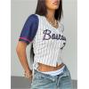 image:imageMakeMeChic Womens Striped Baseball Jersey Button Down Shirt Short Sleeve V Neck Blouse Crop TopWhite Blue Red