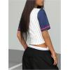 image:imageMakeMeChic Womens Striped Baseball Jersey Button Down Shirt Short Sleeve V Neck Blouse Crop TopWhite Blue Red