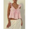 image:imageMakeMeChic Womens Striped Bow Ruffle Sleeve Blouse Sweetheart Tie Front Peplum Shirred TopsPink