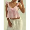 image:imageMakeMeChic Womens Striped Bow Ruffle Sleeve Blouse Sweetheart Tie Front Peplum Shirred TopsPink