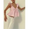 image:imageMakeMeChic Womens Striped Bow Ruffle Sleeve Blouse Sweetheart Tie Front Peplum Shirred TopsPink