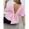 image:imageMakeMeChic Womens Striped Bow Tie Open Back Blouse Half Sleeve Ruffle Dressy Shirt TopsPink