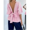 image:imageMakeMeChic Womens Striped Bow Tie Open Back Blouse Half Sleeve Ruffle Dressy Shirt TopsPink
