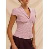 image:imageMakeMeChic Womens Striped Button Down Shirt Cap Sleeve Collared Fitted Blouse TopsMulticolor