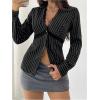 image:imageMakeMeChic Womens Striped Lace Trim Collar V Neck Button Down Shirt Blouse TopsBlack