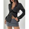 image:imageMakeMeChic Womens Striped Lace Trim Collar V Neck Button Down Shirt Blouse TopsBlack