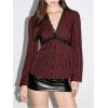 image:imageMakeMeChic Womens Striped Lace Trim Collar V Neck Button Down Shirt Blouse TopsBurgundy