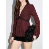image:imageMakeMeChic Womens Striped Lace Trim Collar V Neck Button Down Shirt Blouse TopsBurgundy
