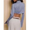 image:imageMakeMeChic Womens Striped Long Sleeve Blouse Button Front Collared Y2K Crop TopsBlue