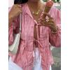 image:imageMakeMeChic Womens Striped Print Tie Front Blouses Long Sleeve Ruffled Hem TopsRed and White